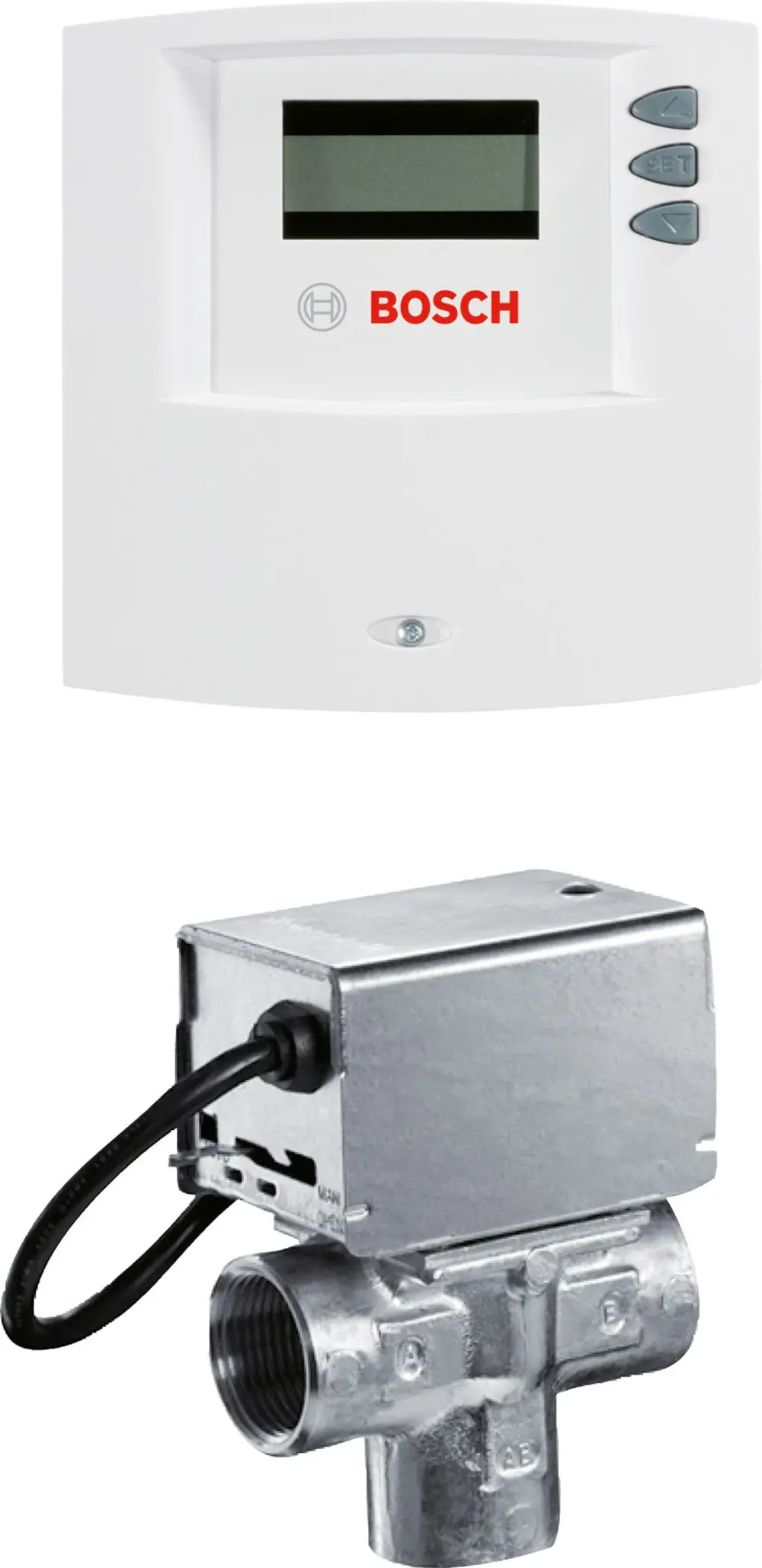 Weißes Steuergerät mit digitalem Display und drei Tasten von Bosch, verbunden mit einem 3-Wege-Umsteuerventil aus Metall.